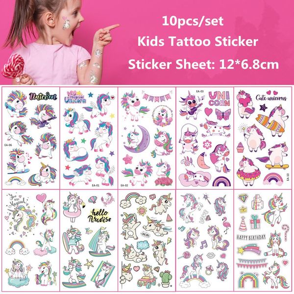 Tatuaggi 10 pezzi / set Adesivo tatuaggio bambino Unicorno Principessa Temporaneo falso Bambini Tatoo Ragazza Braccio Mani Corpo Waterdichte Tatouages Pour Enfants