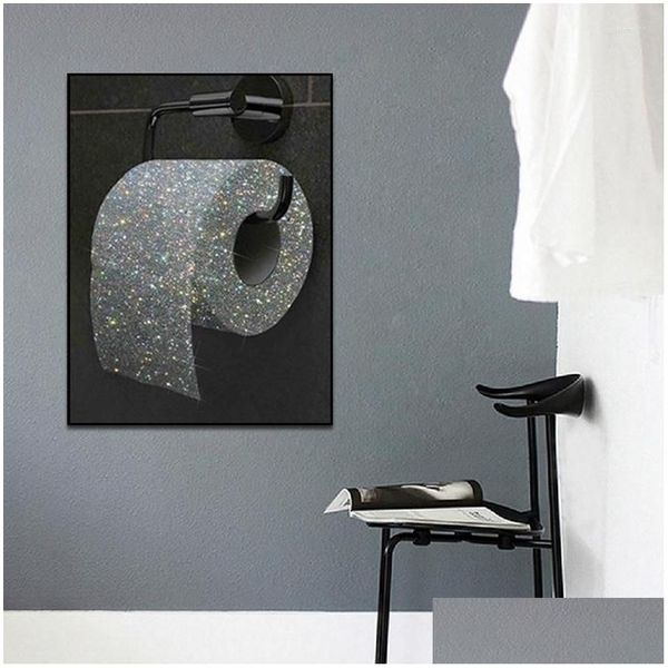 Gemälde Lustige glänzende Toilettenpapier Leinwand Malerei Wandkunst Abstraktes schwarzes Bild Poster Druck Tapete Wohnzimmer Dekoration Dro DHN23