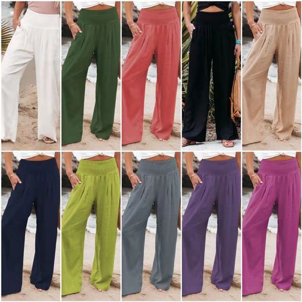 Calças cargo femininas, roupas de grife, calças femininas, linho, algodão, ajuste solto, calças casuais, cintura elástica, yoga, verão, praia, calças, calças com bolsos cáqui