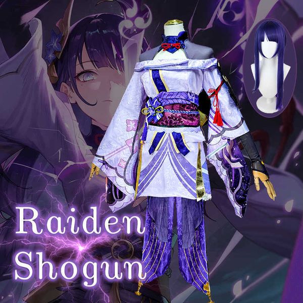 Anime Kostüme Genshin Impact Raiden Shogun Cosplay Kommen Jacquard Stoff Uniform Perücke Anime Chinesischen Stil Halloween Kommt Für Frauen Spiel Z0602