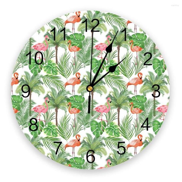 Wanduhren, Flamingo-Palmenblätter, 3D-Uhr, modernes Design, Bauernhaus-Dekor, Küche, Vintage, PVC, rund, Wohnzimmer-Dekoration