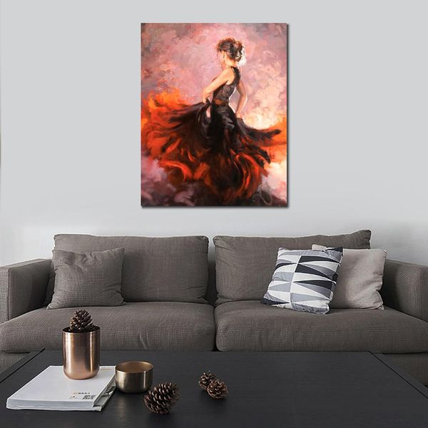 Hermoso arte figurativo en lienzo, bailarina roja brillante, pinturas al óleo texturizadas, bailarina, obra de arte moderna, decoración de pared para oficina, pintada a mano