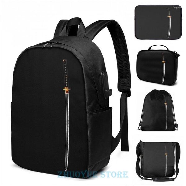 Rucksack mit lustigem Grafikdruck, Samurai-Schwert, USB-Aufladung, für Herren, Schultaschen, Damen, Tasche für Reisen, Laptop