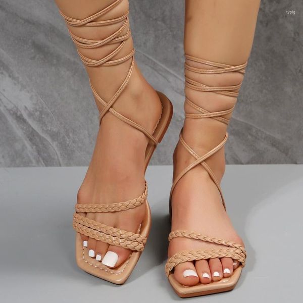 Sandalen für Damen, geflochtenes Detail, Krawattenbein-Design, Riemchen, Urlaub, Sommer, Outdoor, Mode, Büro, Damen, flache Schuhe, Knöchelriemen, Freizeitschuhe