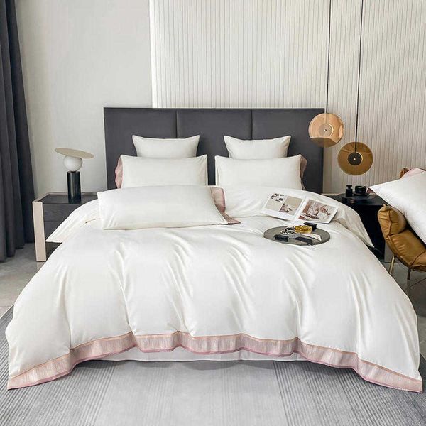 Set di biancheria da letto ricamato in tinta unita Lusso 4 pezzi 100% cotone Bianco Tessili per la casa Copripiumino Lenzuolo piatto Copriletto Federe Biancheria da letto dell'hotel King Queen Size