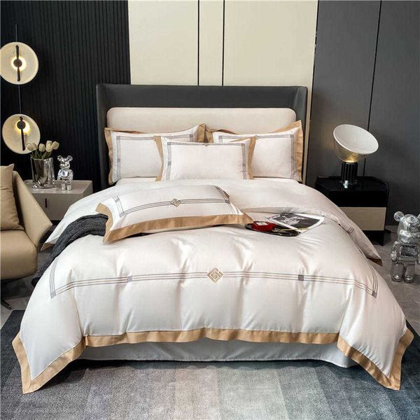Conjunto de roupa de cama de algodão egípcio luxo 4 pçs borda dourada listra bordado capa de edredom lençol fronhas cor sólida roupas de cama têxteis para casa queen king size
