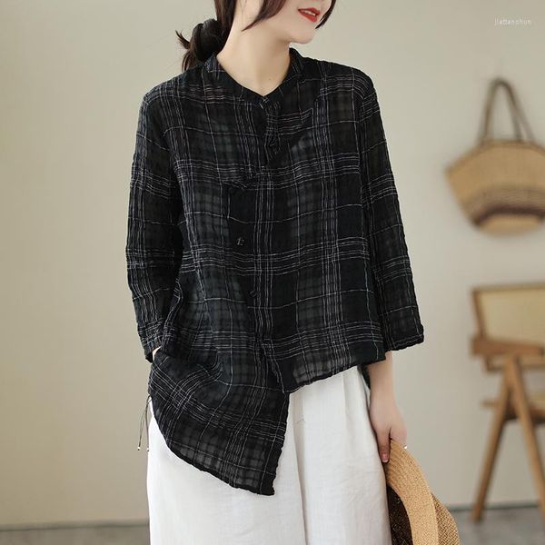 Damenblusen Schwarz Weiß Baumwolle Und Leinen Hemd Für Frau Stehkragen Einreiher Atmungsaktives Unregelmäßiges Top Femme Plaid Vintage