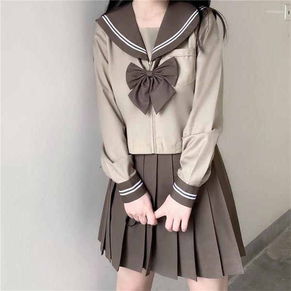 Arbeitskleider Japanisch Koreanisch JK Set Damen Mädchen Schuluniform Schulmädchen Braun Cosplay Kostüm Kawaii Lange Ärmel Faltenrock Matrose