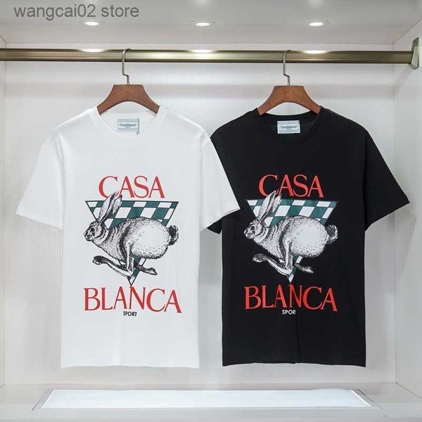 Camisetas Masculinas 2023 CASABLANCA Camiseta Solf Cotton Tee Summer Men Women High Quality Red Letter Grid Rabbit Print Manga Curta T230602