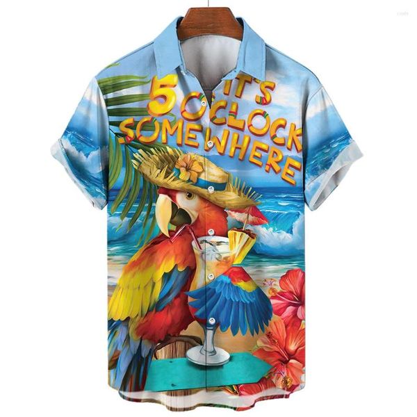 Männer Casual Hemden Hawaiian Für Männer Papagei Druck Männliche Sommer Kurzarm T-stücke Strand Revers Tops Übergroße T-Shirt Kleidung 5XL