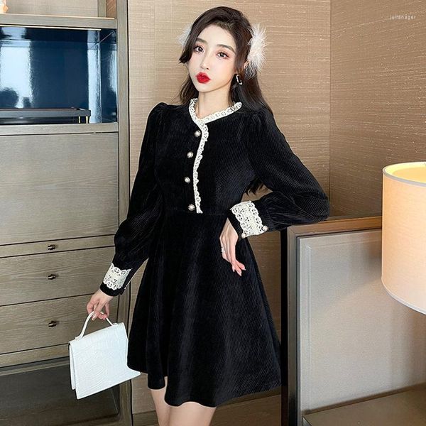 Casual Kleider Schwarz Puff Langarm Rüschen Kragen Mini Kleid Frauen Winter Hohe Taille Schlank Prom Damen Spitze Taste Elegante kurze