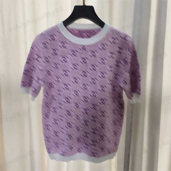 Tessuti Jacquard Maglieria Magliette firmate Splicing viola Design scavato Ricamo Maglieria T-shirt Donna di lusso Girocollo Maglione elasticizzato Abbigliamento donna