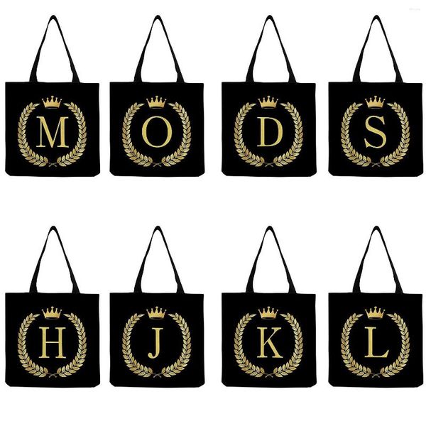 Bolsas de noite femininas de ombro de lona personalizadas com letras de coroa bolsas de grife pretas casuais de alta capacidade para compras eco reutilizáveis