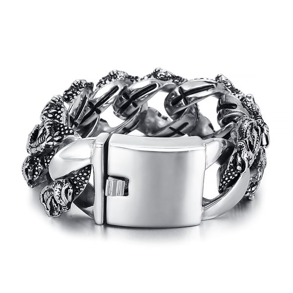 Guss-Edelstahl-Armband, Biker-Totenkopf-Gliederkette für Herrenschmuck, Vintage-Schwarz-Silber, große, schwere, klobige Gothic-Armbänder, Weihnachtsschmuck zum Vatertag für Ihn