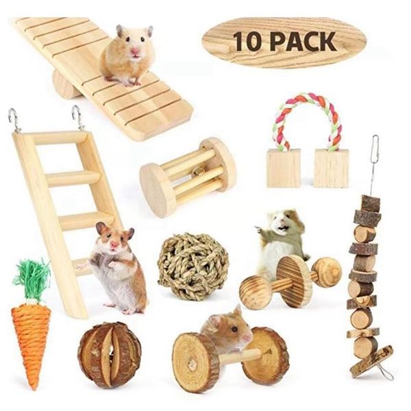 Brinquedos 10 pçs conjunto de brinquedos de hamster de madeira natural coelho gerbos cobaias hamster mastigar brinquedos pet molar brinquedos bonitos hamster brinquedos acessórios