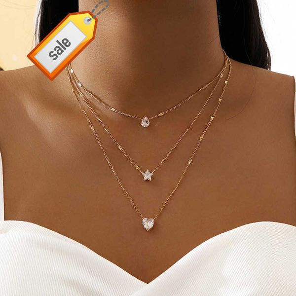 Collana a più strati del pendente della collana del pendente di goccia del diamante dell'acqua di amore della stella del pentacolo Collana stratificata del rhinestone