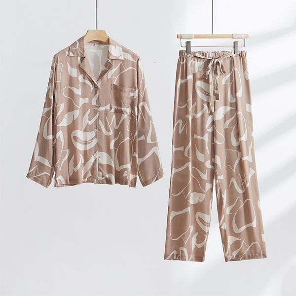 Moda -sono feminina Moda de primavera de cor marrom marrom Pijamas de algodão estampado para mulheres Longsleeeved calças caseiras de pijamas de pijamas 230601