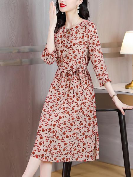 Elbiseler 2023 İlkbahar Yaz Kırmızı Çiçek Balo İpek Elbise Kadınlar İçin Midi Zarif Vintage Tun Ondag Sıradan Moda Plaj Giz Elbise