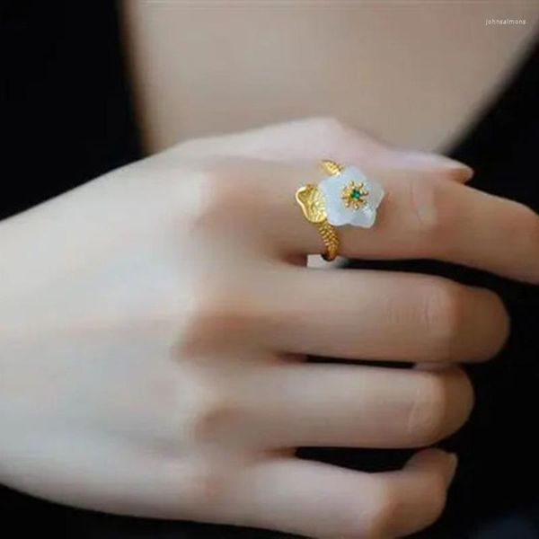 Cluster Rings White Jade Flower 925 Silver Natural Charms Talismans Women Designer Jewelry Gifts Amulet Amulets Adjustable Ring Fashion