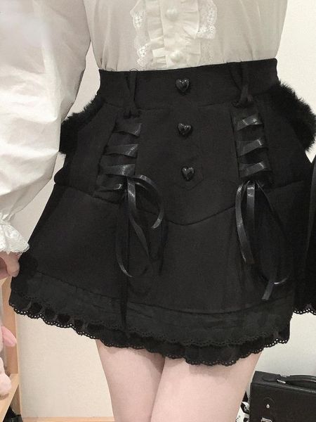 Abiti giapponesi Kawaii Lolita minigonna donna inverno gotico cuore bottone torta gonne ragazze fasciatura a vita alta Y2k gonne corte nere