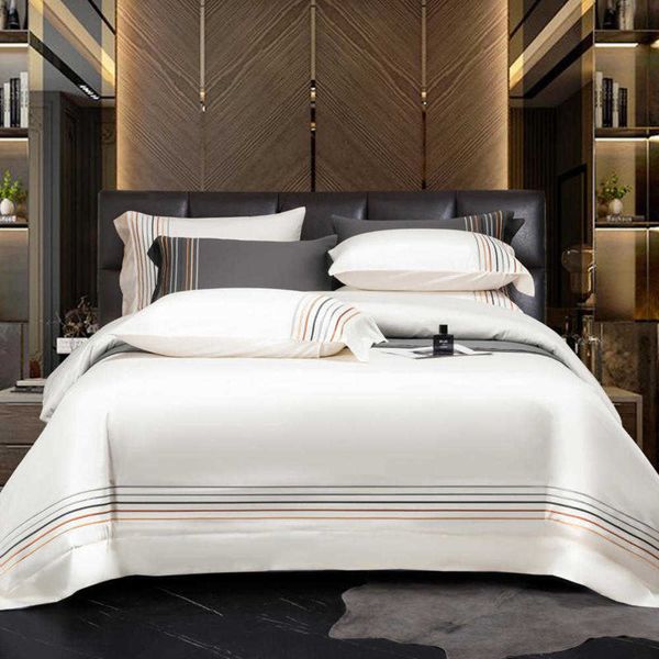 Conjunto de cama de hotel de cor sólida luxo 4 pçs algodão egípcio listra bordado capa de edredom lençol fronhas roupas de cama brancas têxteis para casa queen king size