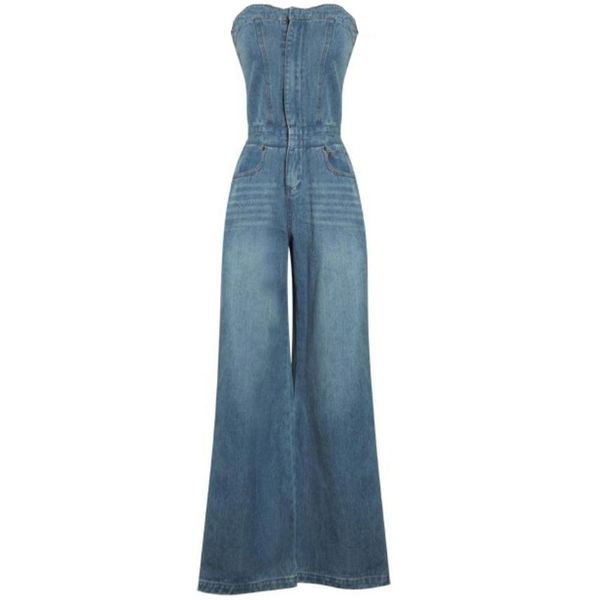 Jeans 2022 Summer High Waist Gambia larga Gamba Donne senza spalline senza spalline dalla tuta in denim blu spalla