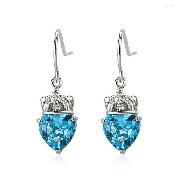 Orecchini pendenti Moda Chic Cuore Corona Cristallo blu Topazio Pietre preziose Goccia per donna Ragazza Oro bianco Argento Colore Gioielli Regali Brincos