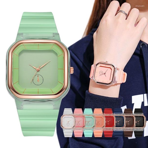 Orologi da polso Orologio quadrato da donna Orologio da polso al quarzo Design semplice Quadrante multifunzionale Lunetta trasparente Cinturino comfort in silicone