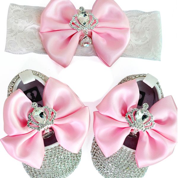 First Walkers Dollbling Luxo Rhinestones Baby Girl Shoes First Walker Headband Set Brilhante Cristais Brilhantes Sapatos de Princesa Presente de Chá de Bebê SH 230601