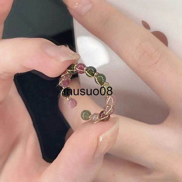 Bandringe Naturstein Regenbogen Turmalin Ring Mode Retro handgefertigte Metalldraht Wicklung Perlen offene verstellbare Ring weiblichen Charme Schmuck J230602