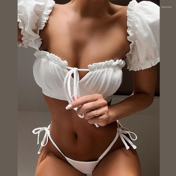 Damen-Bademode In-X Solid White Ruffle Badeanzug Bandeau Bride Bikini 2023 Kurzarm Frauen Tie Side Badeanzug High Cut Biquini