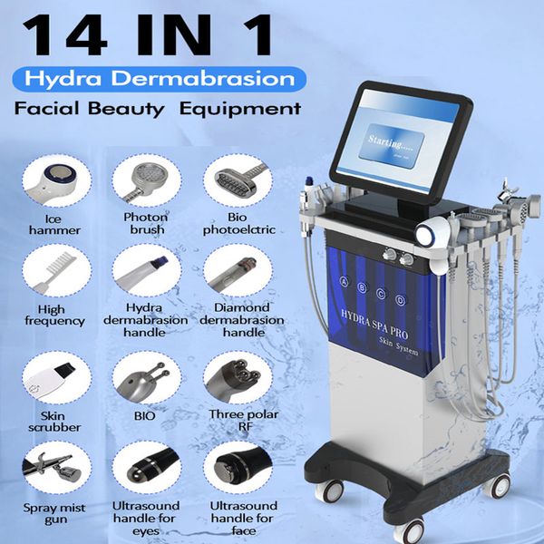 Máquina hidrofacial de suprimento de fábrica 14 em 1 microdermoabrasão aqua oxigênio jato peel diamond hydra dermabrasão ultrassom rf fóton beleza facial