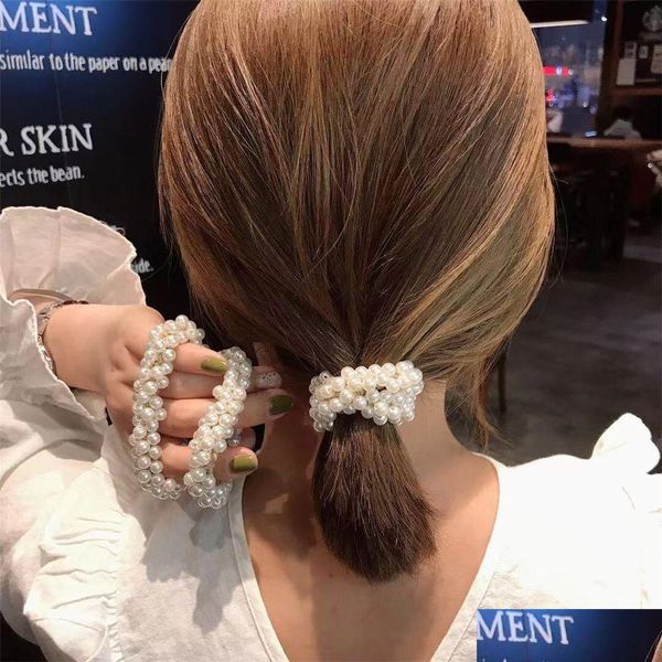 Suporte para rabo de cavalo Moda Scrunchies Mulher Imitação Pérola Cabelo Corda Faixas de borracha Suportes para rabo de cavalo Acessórios Coreanos Frisado Elástico Dhdpo