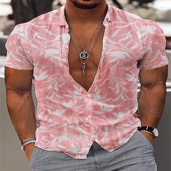 Camicie casual da uomo 2023 Camicia hawaiana da uomo di moda Rosa manica corta Abbigliamento oversize Tempo libero Vacanze estive al mare 5XL