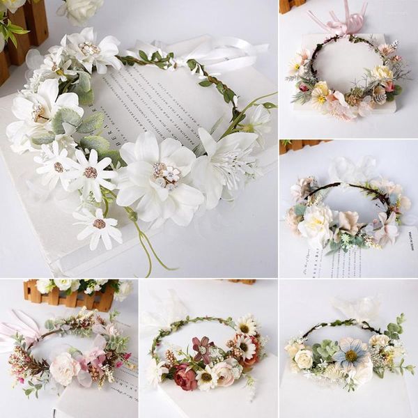 Flores decorativas Coroa de flores artificiais Noiva Feminina Coroa Faixa de cabelo Casamento Faixa de cabeça floral Guirlanda Fita Acessórios para meninas