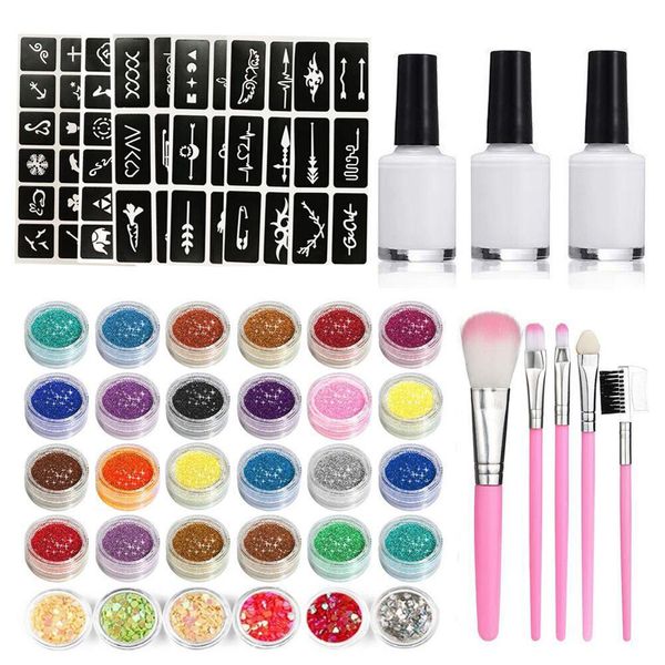 Tatuagens 30 cores diamante flash glitter pó modelo conjunto de tatuagem 60 flash modelo conjunto para adultos crianças rosto corpo arte pintura maquiagem