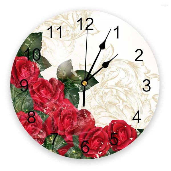 Relógios de parede Clássico Rosa vermelha Relógio Design moderno Decoração de sala de estar Cozinha Relógio mudo Decoração de interiores de casa