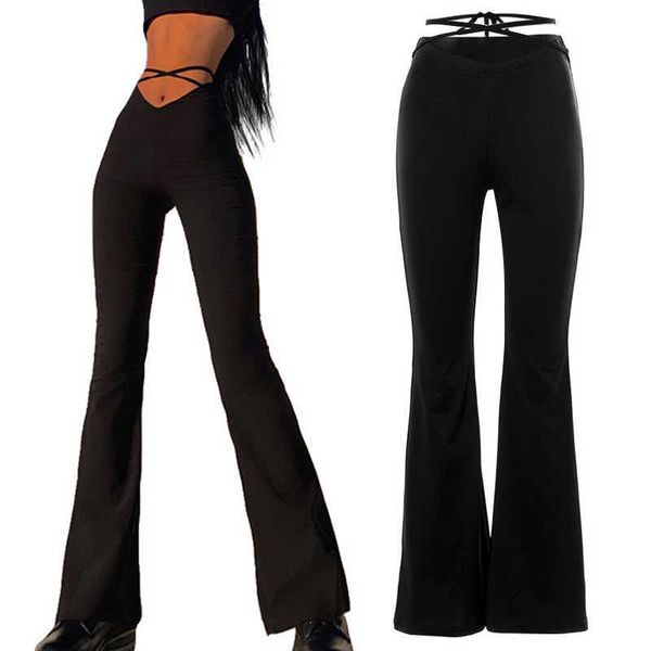 Meia-calça capri alta preta vintage flash bota estilo cidade dos anos 90 sexy calça feminina cintura oca calça boca de sino P230602