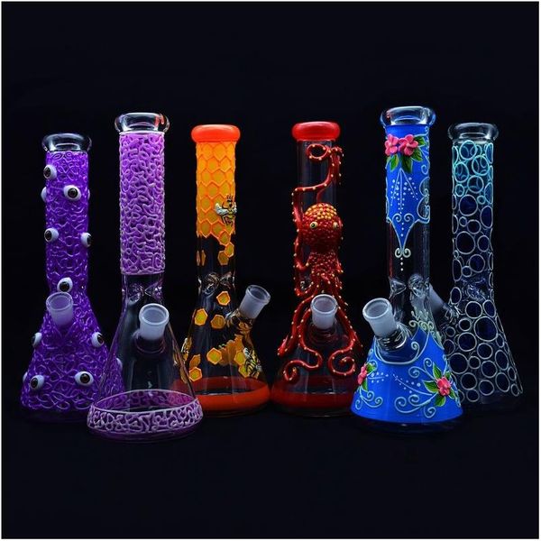 Tubi di fumo Glow In The Dark Beaker Bong 11 Inch 5Mm Design Glass Water Pipe Cool Hand Painting Dab Rig Oil Drop Delivery Home Gar Dhvxo