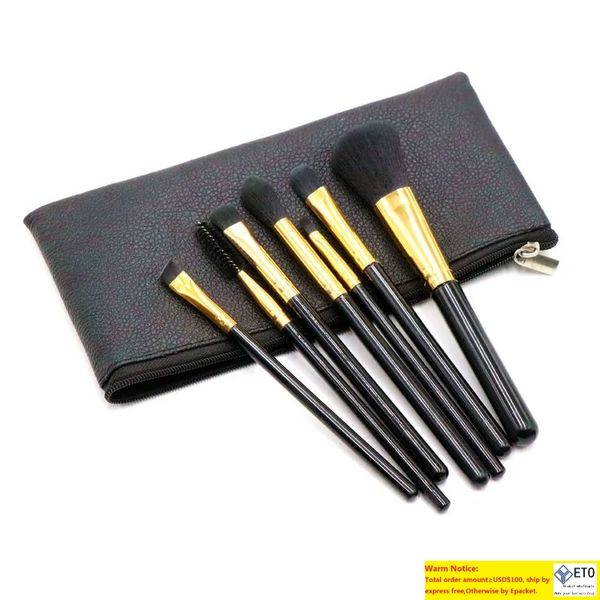 Schwarz, Rosa, Lila, 7-teiliges Make-up-Pinsel-Set, Kunststoffgriff, Nylon, mit Lederetui mit Reißverschluss