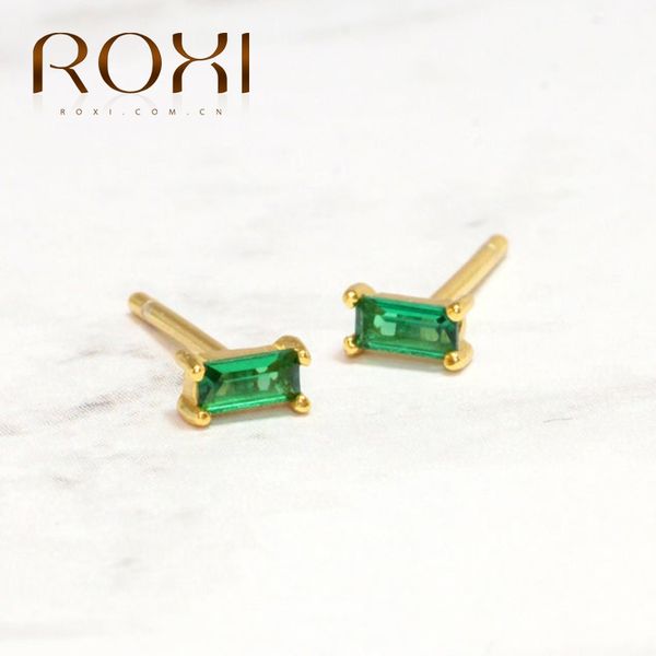 ROXI Orecchini a bottone in pietra verde smeraldo quadrato di lusso per le donne Piccoli orecchini piercing Kolczyki Cartilagine Argento 925