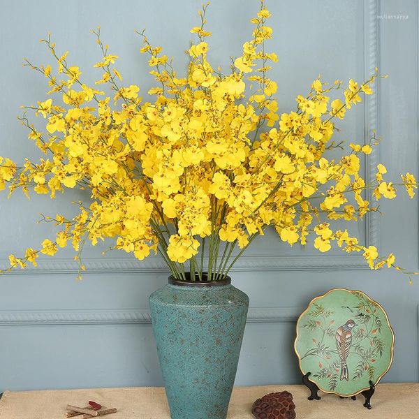 Fiori decorativi 95 cm Giallo Oncidium Fiore artificiale Danza Farfalla Orchidea Fai da te Decorazione di nozze Bouquet di seta Decorazioni per la casa Falso