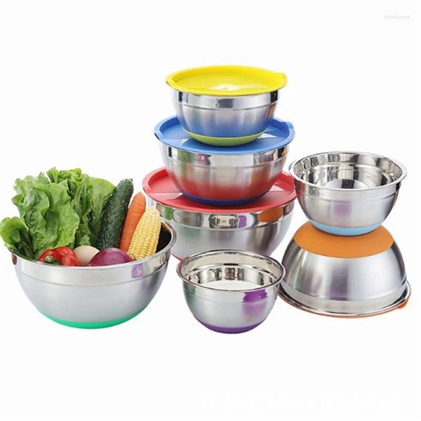 Tigelas 5 peças de aço inoxidável tigela de mistura com tampa antiderrapante conjunto de base de silicone salada cozinhar