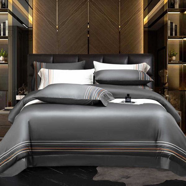 Conjunto de cama de hotel de luxo algodão egípcio cor lisa bordado listrado roupas de cama cinza branco macio capa de edredom fronhas de lençol plano tamanho king queen