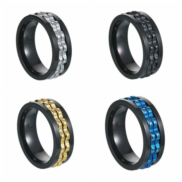 Punk Gear Rotating Anxiety Fidget Ring Titanium Steel Chain Spinner Anelli per uomo Rock Biker Wedding Party Jewelry 8mm