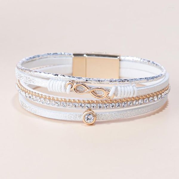 Pulseira Punk Couro Multicamadas Fivela Magnética Pulseira Moda Feminina Artificial Strass Amizade Presente Ornamento