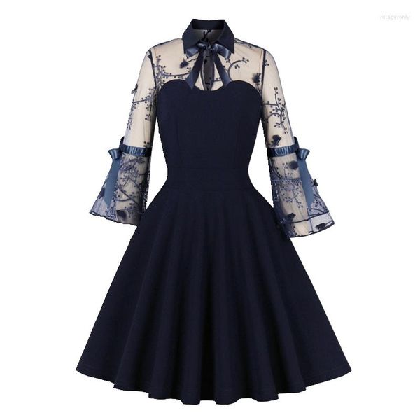 Abiti casual Anni '50 Swing Abito da sera da donna Colletto rovesciato Maglia Manica a 3/4 Elegante blu navy Party Stile vintage Minin Abbigliamento