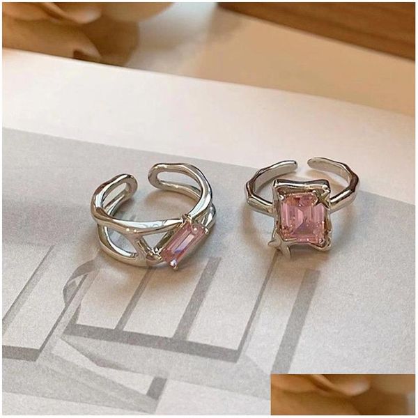 Anéis de banda coreano elegante bonito rosa quadrado zircão anel para mulheres meninas moda metal borboleta dedo jóias entrega direta Dho69