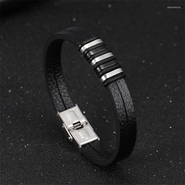 Charm Bracelets Drop Black Blue Leather Men Aço Inoxidável Multilayer Trançado Corda Para Homem Jóias Pulseira Homme