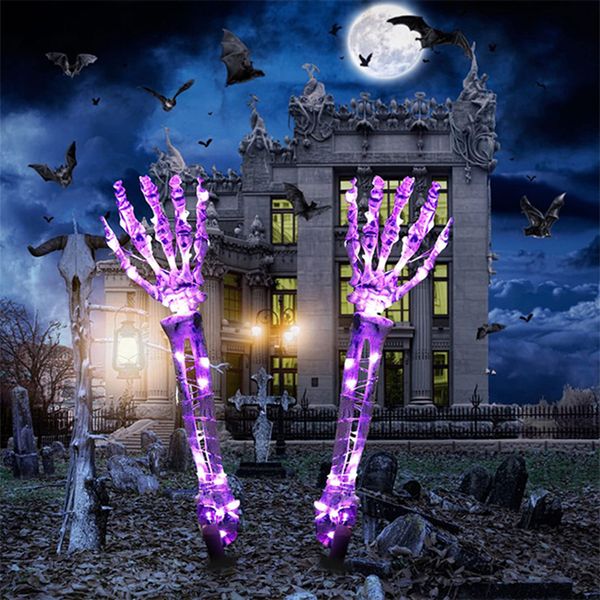 Pali del braccio scheletro a luce solare, decorazioni luminose di Halloween, 40 luci a stringa LED bianco caldo verde viola, luci natalizie festa casa cortile giardino horror cosplay